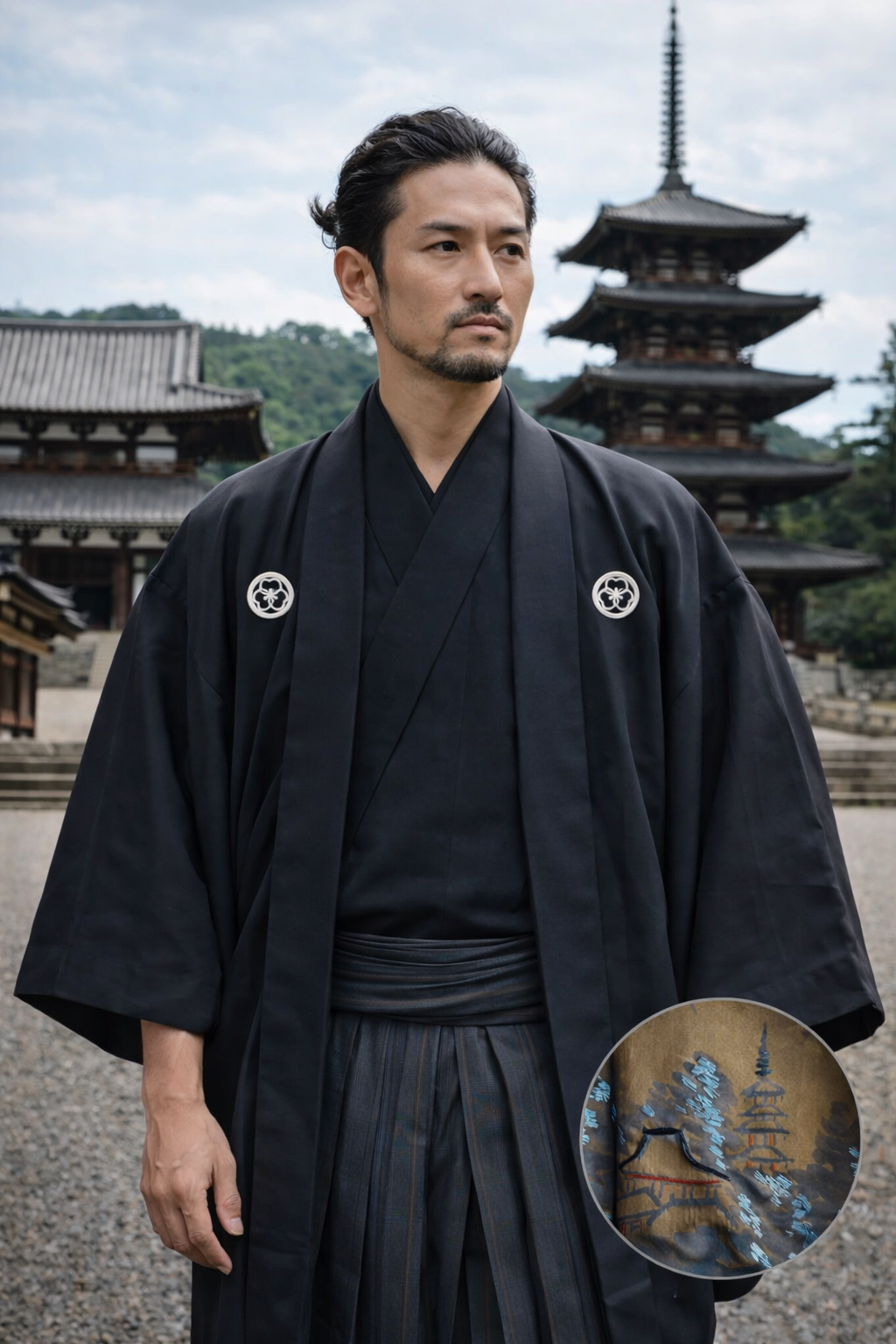 Haori japonais homme soie noire Katabami Montsuki Temple Horyuji Nara