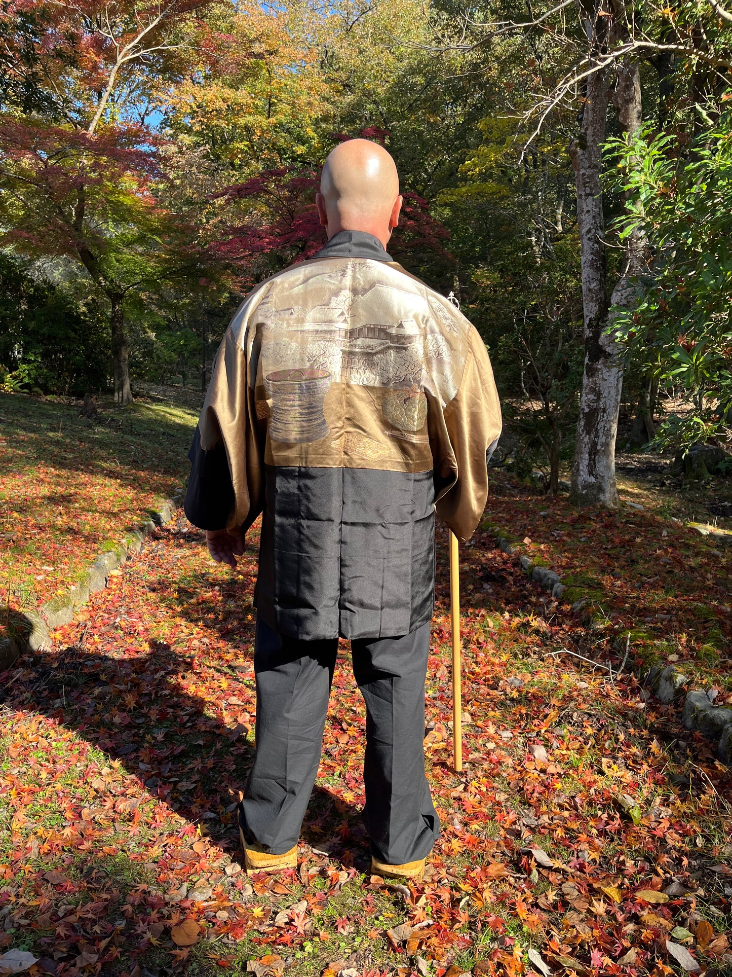 Haori japonais homme soie noire Mokkou Montsuki Temple Kyomizudera Kyoto