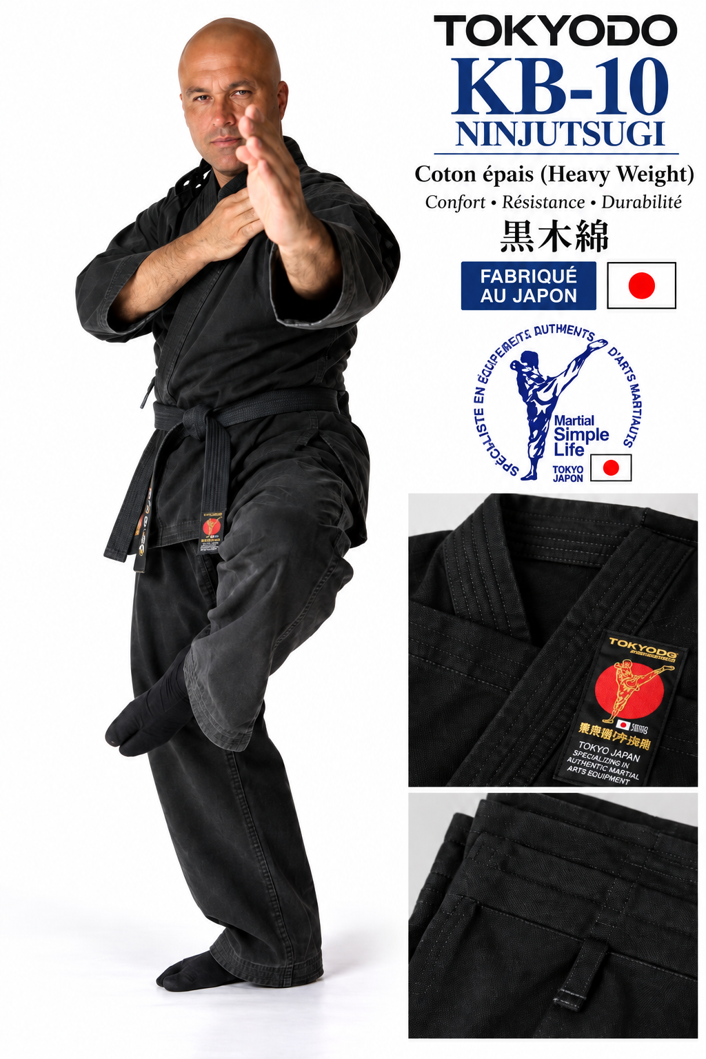 TOKYODO KB-10 – Ninjutsugi Noir Coton Épais #10 Fabriqué au Japon