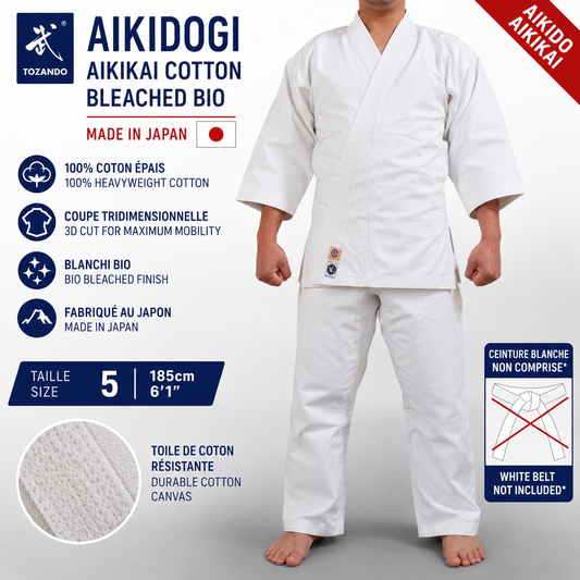 Aikidogi Aikikai Cotton Bleached Bio – Taille 5 / 185 cm – Tozando Made in Japan