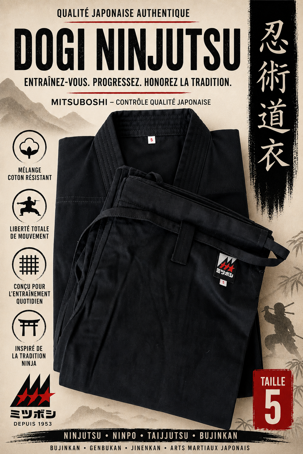 Keikogi Ninjutsu Mitsuboshi K-350 #11 Noir Taille 5