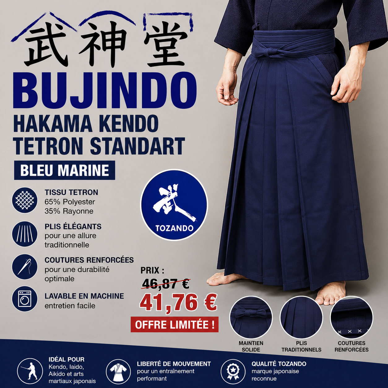 Hakama de Kendo Tozando Tetron – Bleu marine Standard – Taille 27