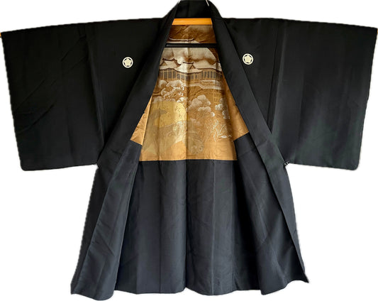 Haori Antique Japonais Homme Soie Noire Kikyo Montsuki Kyomizudera