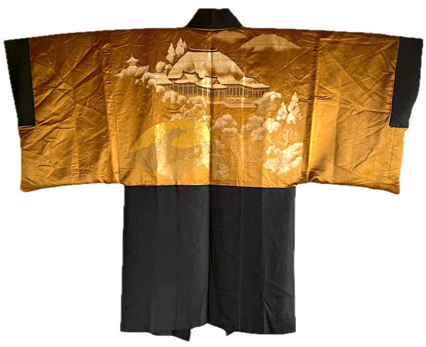 Haori Antique Japonais Homme Soie Noire Kikyo Montsuki Kyomizudera