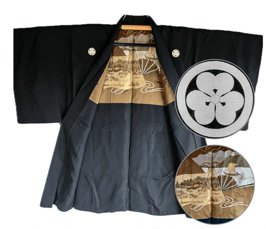Haori Japonais Homme Soie Noire Katabami Montsuki Kiyomizudera & Château de Himeji
