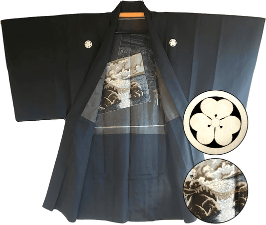 Haori Japonais Homme Soie Noire Katabami Montsuki Meoto Iwa Ise