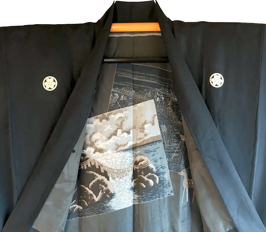 Haori Japonais Homme Soie Noire Katabami Montsuki Meoto Iwa Ise