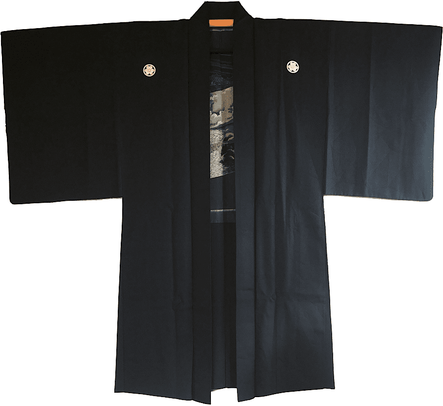 Haori Japonais Homme Soie Noire Katabami Montsuki Meoto Iwa Ise