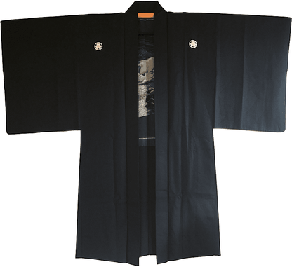 Haori Japonais Homme Soie Noire Katabami Montsuki Meoto Iwa Ise