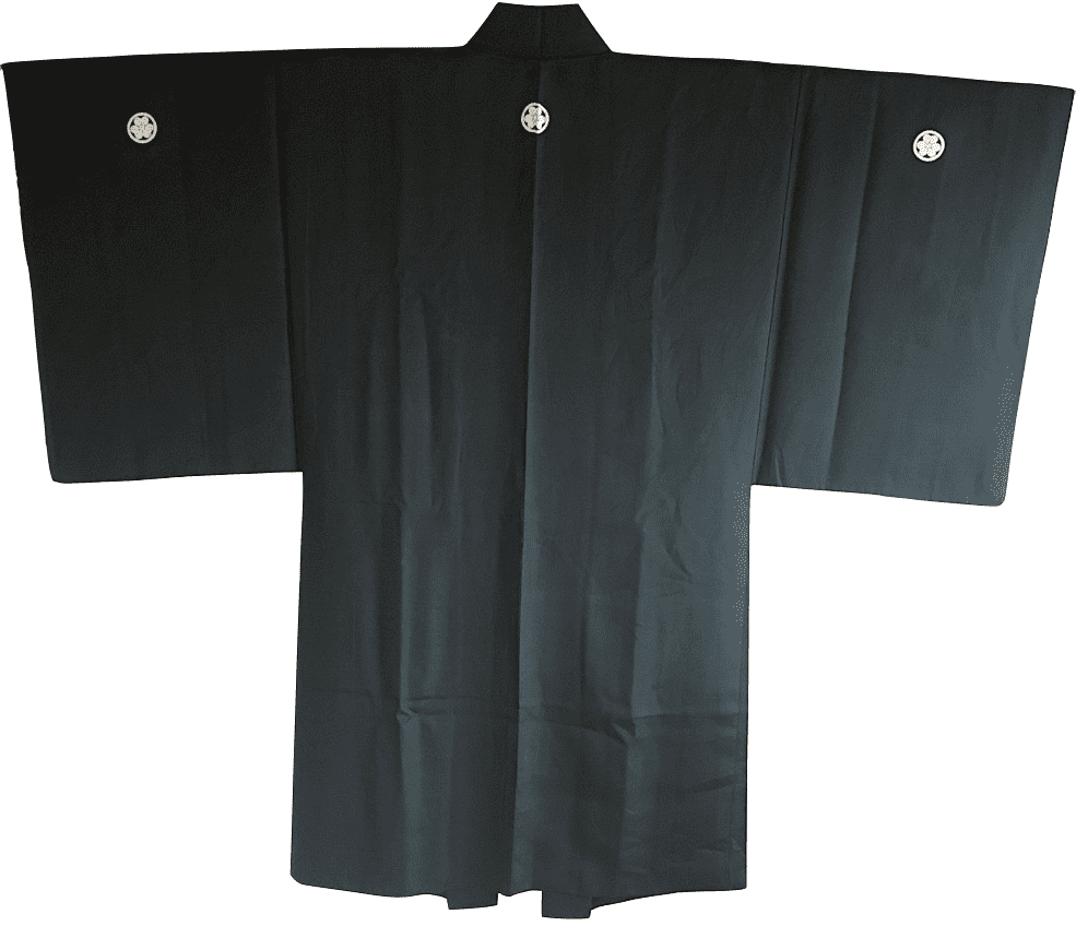 Haori Japonais Homme Soie Noire Katabami Montsuki Meoto Iwa Ise