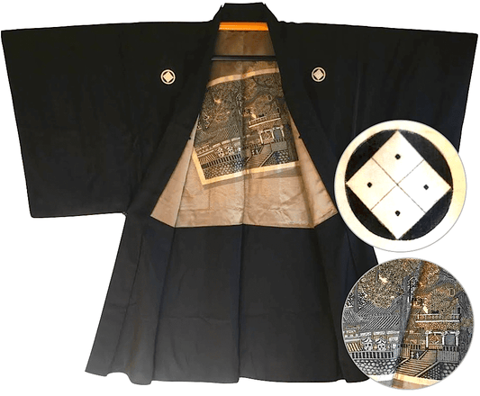 Haori Japonais Homme Soie Noire Sumitate Yotsume Montsuki Toshogu Yomeimon Nikko