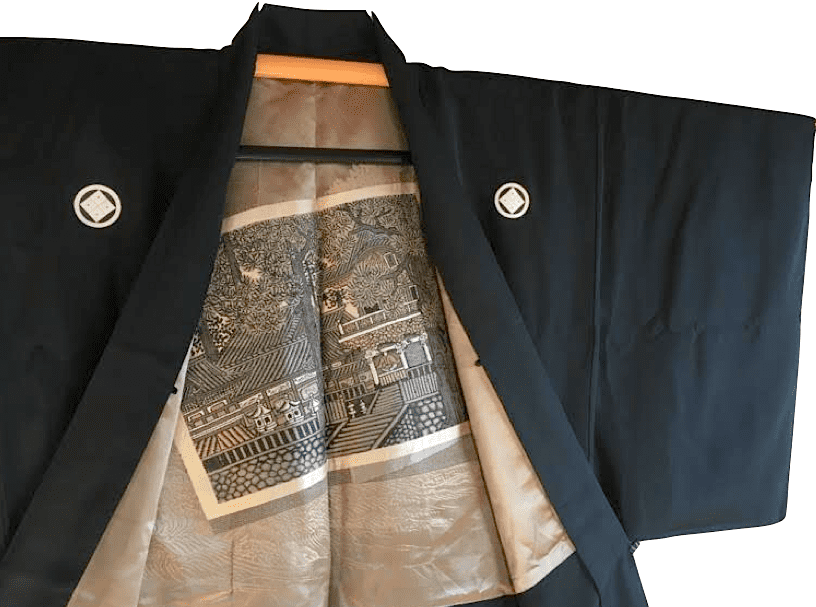 Haori Japonais Homme Soie Noire Sumitate Yotsume Montsuki Toshogu Yomeimon Nikko