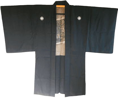 Haori Japonais Homme Soie Noire Sumitate Yotsume Montsuki Toshogu Yomeimon Nikko