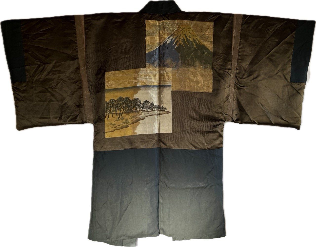 Haori Japonais Homme soie noire Kiri Montsuki Vue du mont Fuji