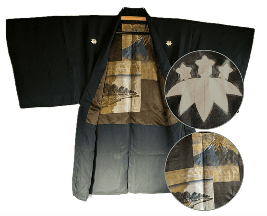 Haori Japonais Homme soie noire Kiri Montsuki Vue du mont Fuji