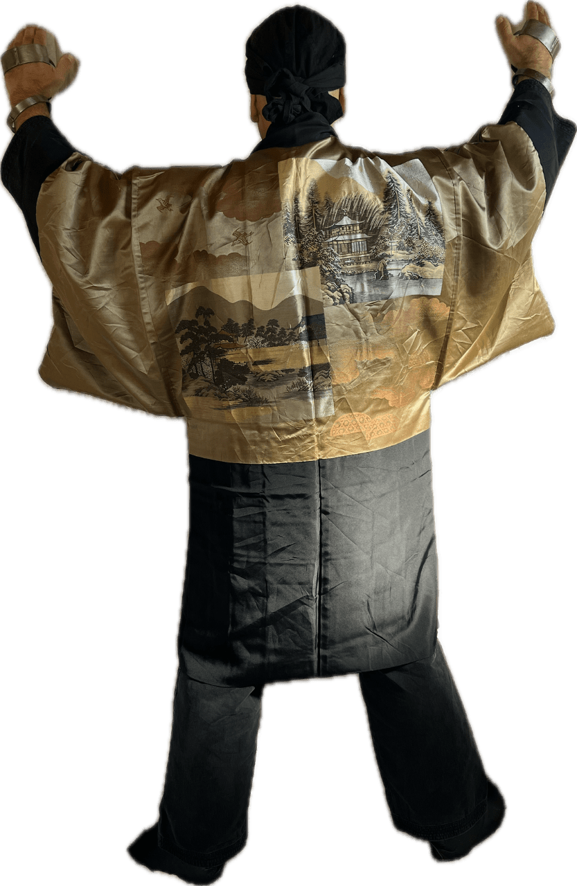 Haori Japonais Homme Soie Noire Dakimyōga Montsuki Temples Ginkaku-ji & Kinkaku-ji, Kyoto