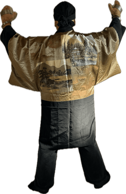 Haori Japonais Homme Soie Noire Dakimyōga Montsuki Temples Ginkaku-ji & Kinkaku-ji, Kyoto