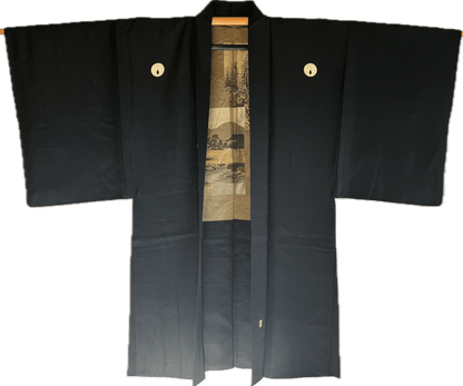 Haori Japonais Homme Soie Noire Dakimyōga Montsuki Temples Ginkaku-ji & Kinkaku-ji, Kyoto