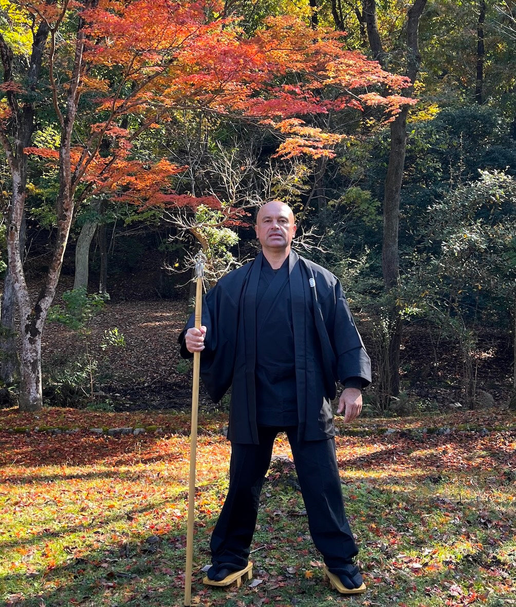 Haori japonais homme soie noire Mokkou Montsuki Temple Kyomizudera Kyoto