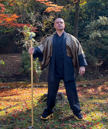 Haori japonais homme soie noire Mokkou Montsuki Temple Kyomizudera Kyoto