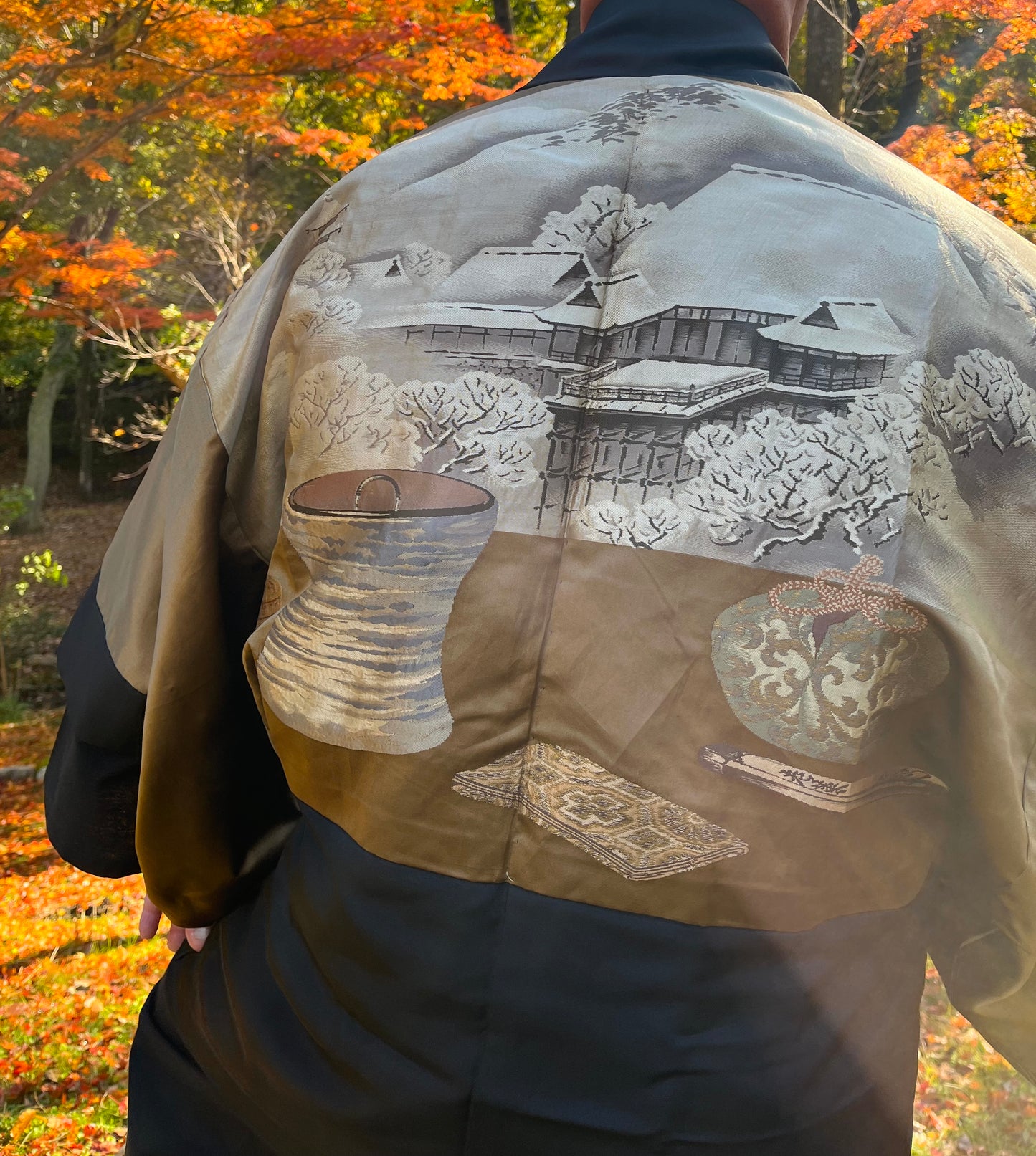 Haori japonais homme soie noire Mokkou Montsuki Temple Kyomizudera Kyoto