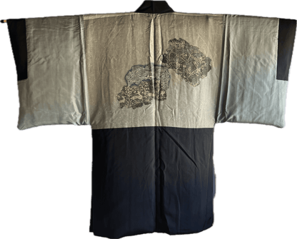 Haori japonais homme soie noire Montsuki Mitsukashiwa – scène de chasse