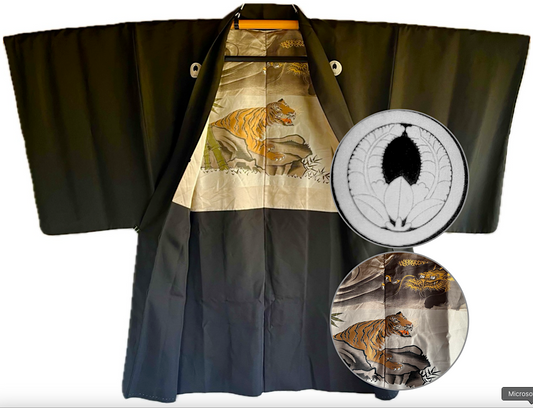 Haori japonais Homme soie noire Agarifuji Montsuki Tigre VS Dragon