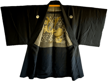 Haori japonais antique homme soie noire Montsuki Casque samourai Kabuto