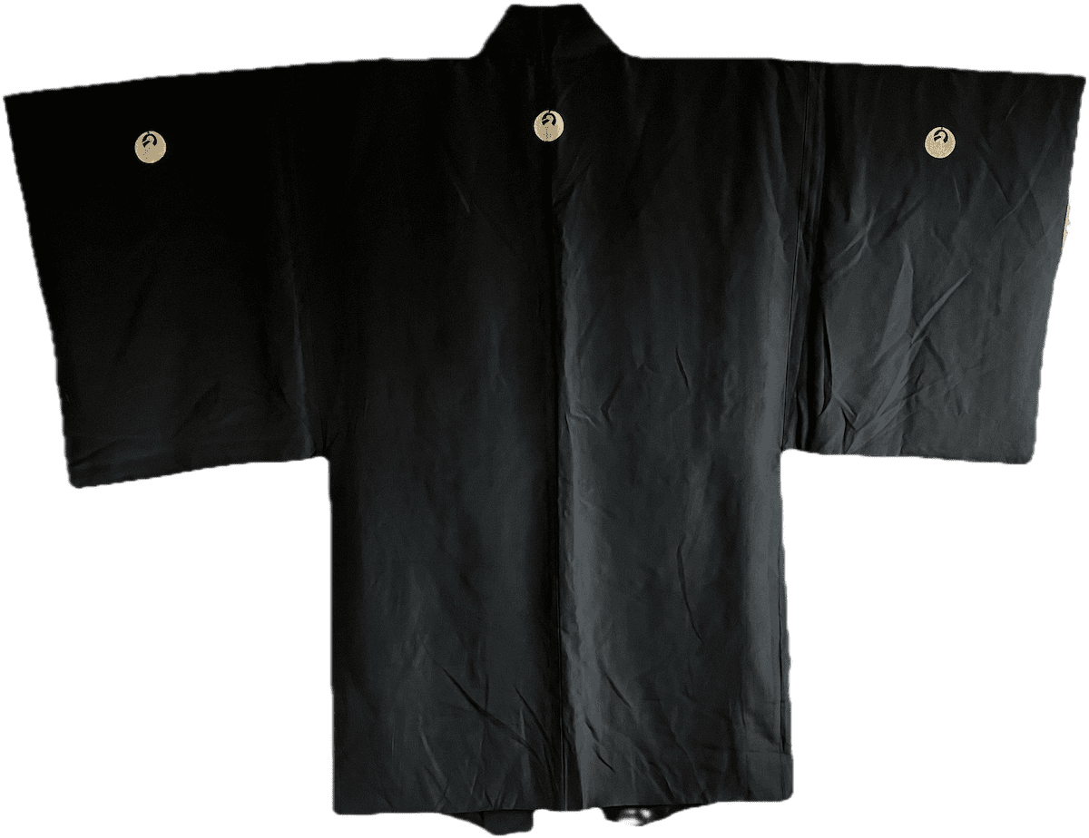 Haori japonais antique homme soie noire Montsuki Casque samourai Kabuto