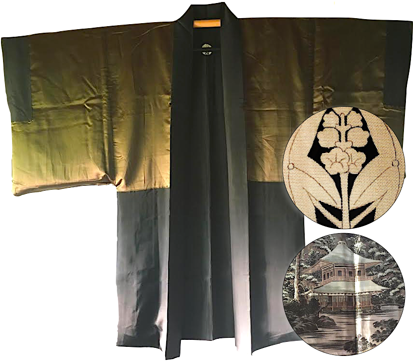 Haori japonais antique homme soie noire Montsuki Ginkakuji & Arashiyama