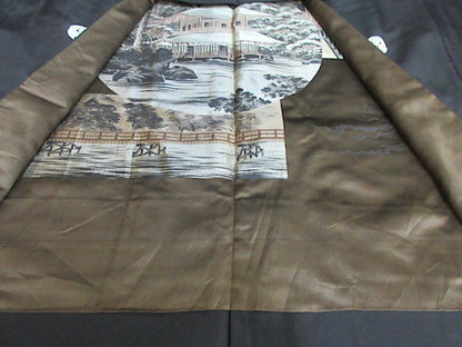 Haori japonais antique homme soie noire Montsuki Ginkakuji & Arashiyama