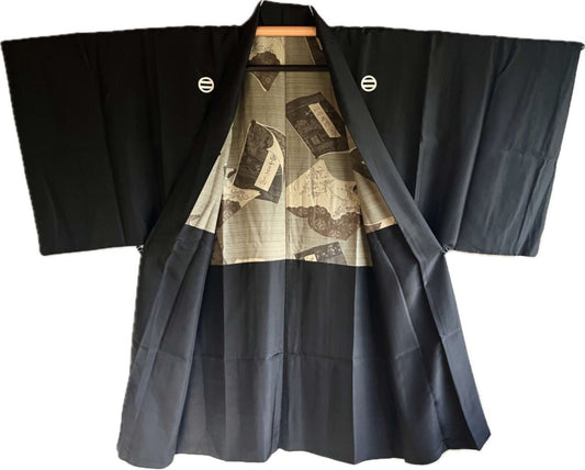 Haori japonais homme Soie Noire Futatsu Hiki Montsuki Sansui Gaden