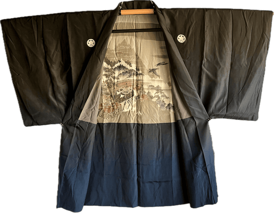 Haori japonais homme Soie noire Tachibana Montsuki Aki no Nihon Fūkei