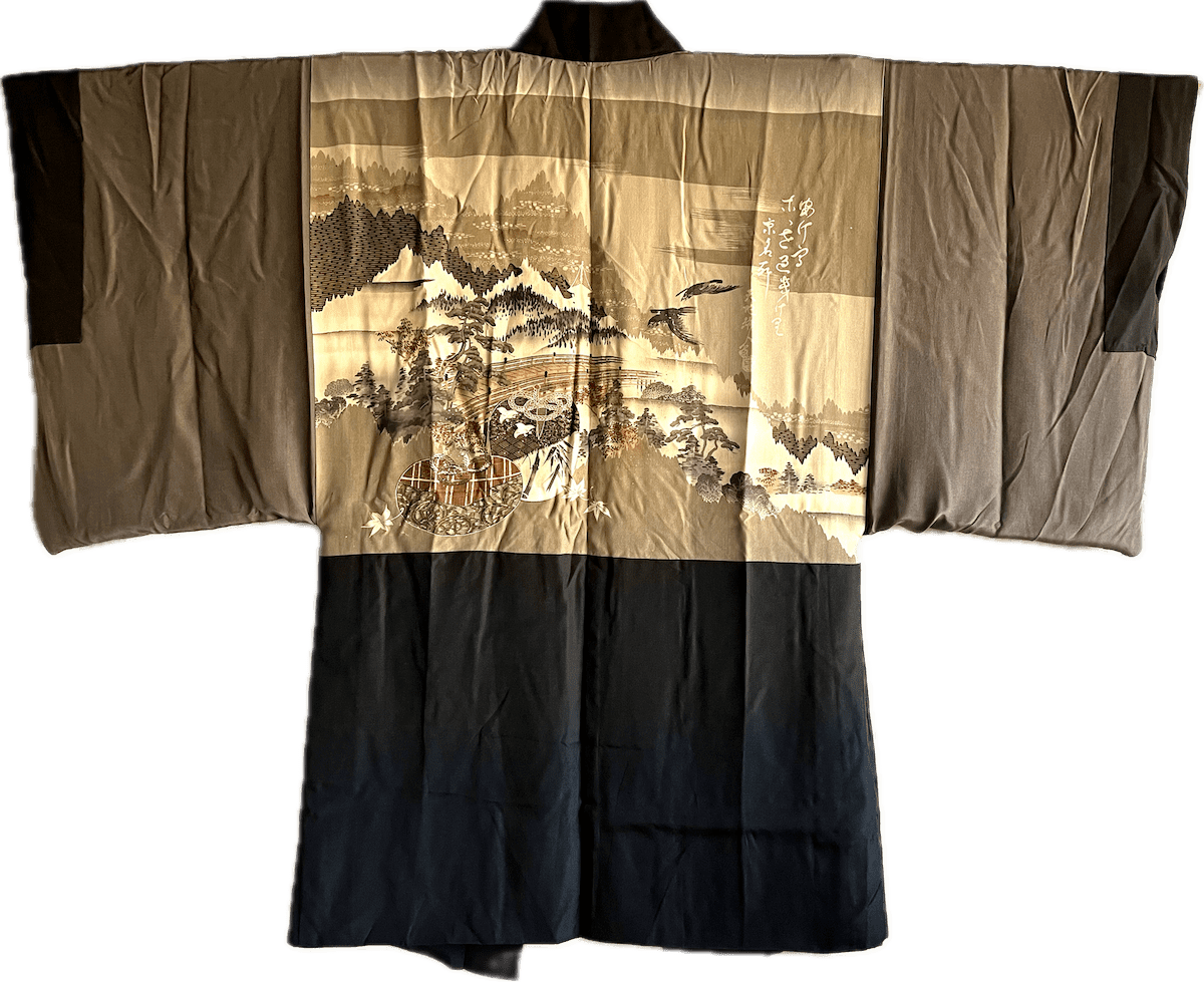 Haori japonais homme Soie noire Tachibana Montsuki Aki no Nihon Fūkei