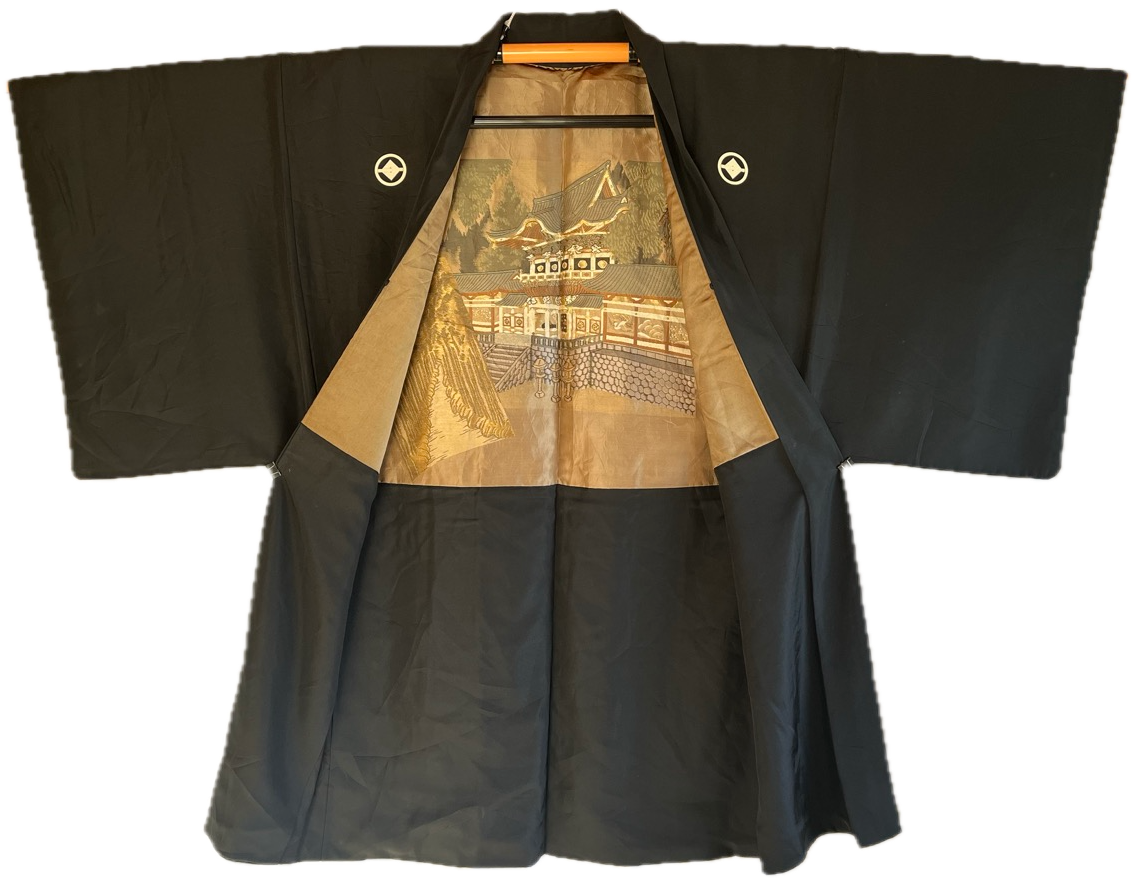 Haori japonais homme ancien soie noire Montsuki Toshogu Nikko Japon
