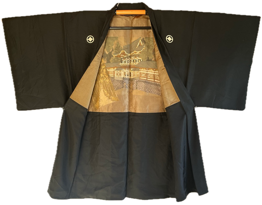 Haori japonais homme ancien soie noire Montsuki Toshogu Nikko Japon