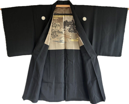 Haori japonais homme antique soie noire Kenkatabami Montsuki Sanctuaire Shinto