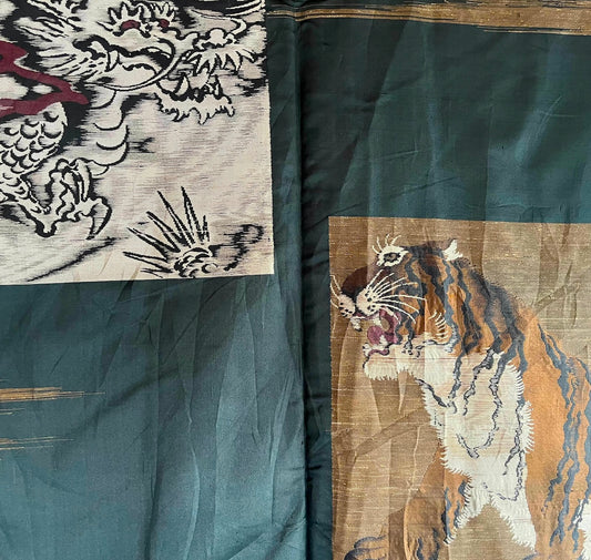 Haori japonais homme soie noire Mokkou Montsuki Dragon VS Tigre