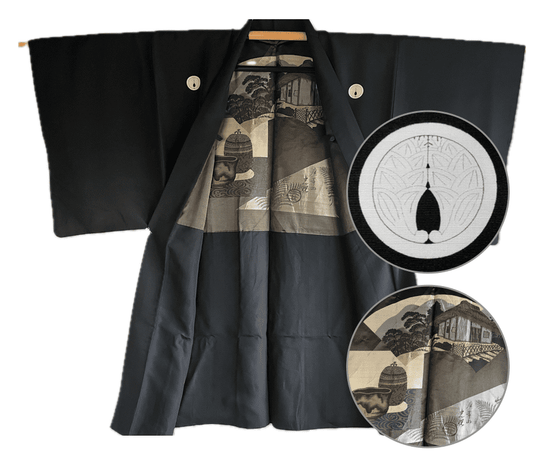 Haori japonais homme soie noire Dakimyoga Montsuki OchaWashitsu