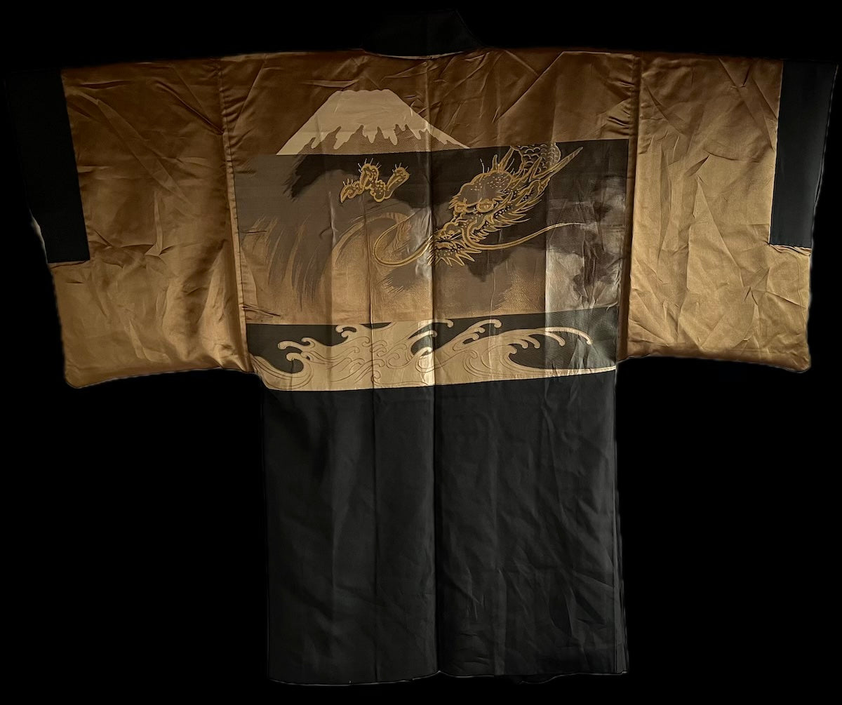 Haori japonais homme soie noire  Katabami Montsuki Fuji San & Dragon RYU