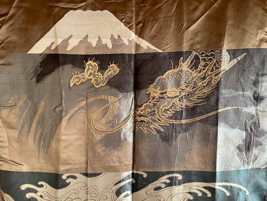 Haori japonais homme soie noire  Katabami Montsuki Fuji San & Dragon RYU