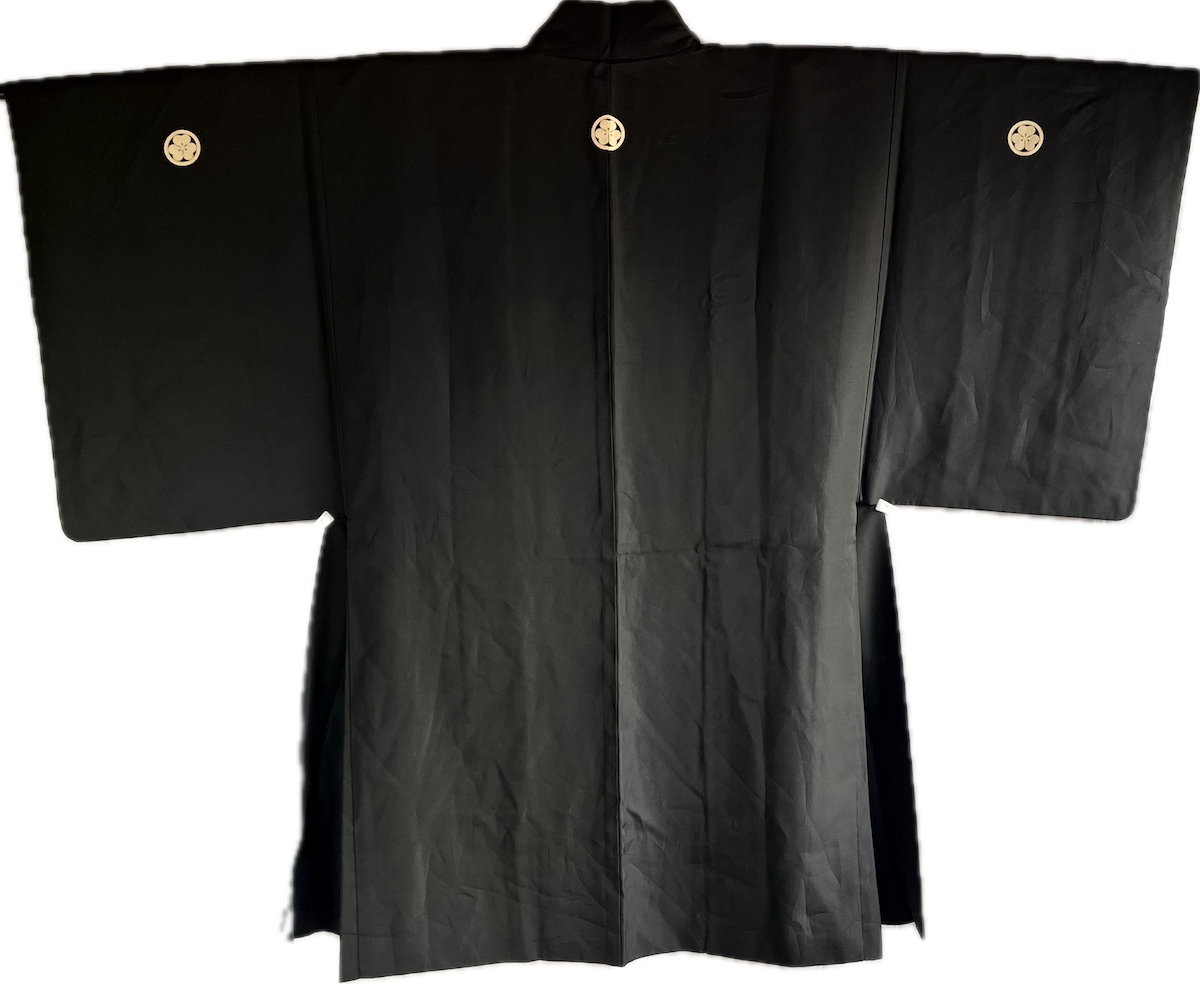 Haori japonais homme soie noire  Katabami Montsuki Fuji San & Dragon RYU