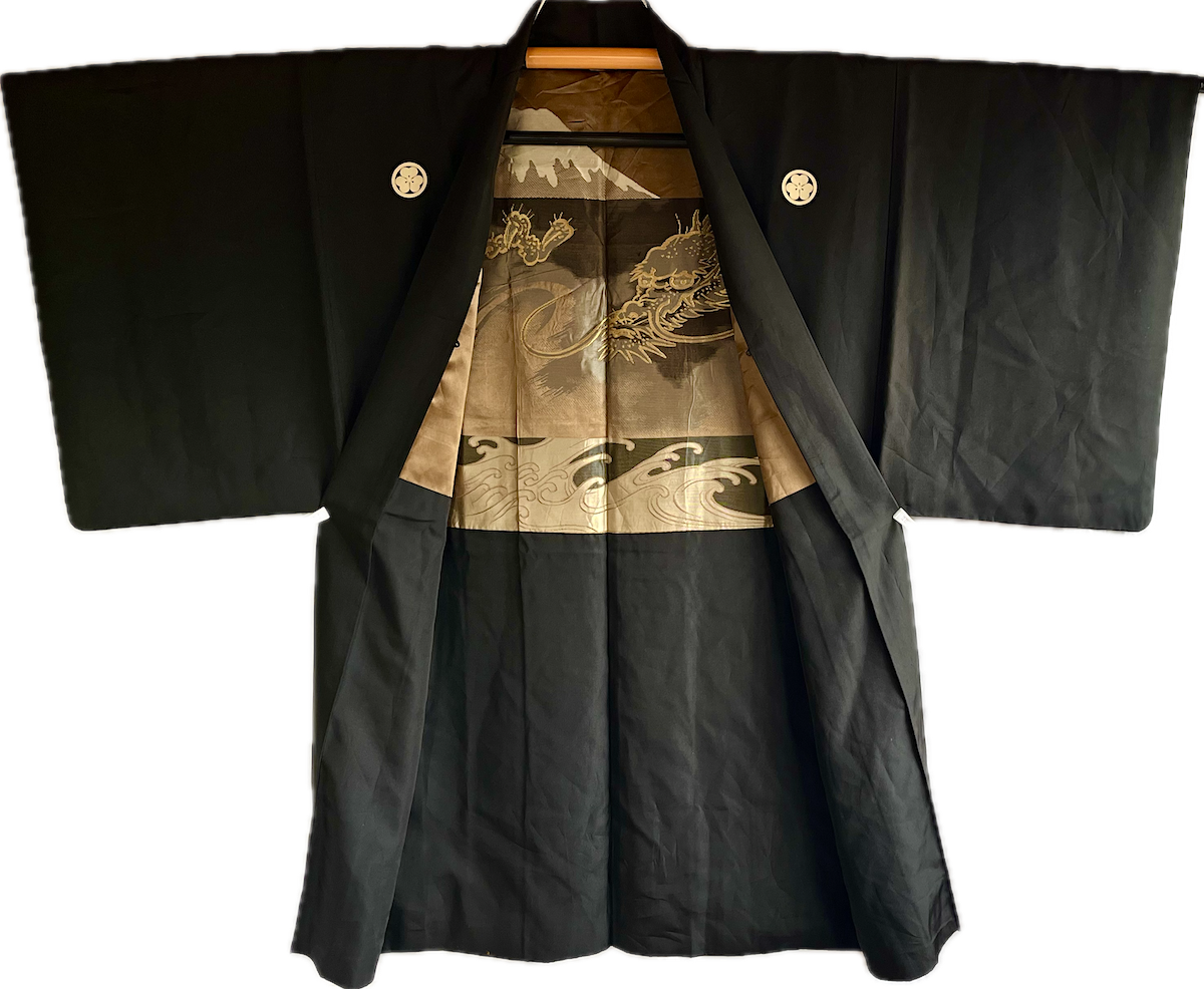 Haori japonais homme soie noire  Katabami Montsuki Fuji San & Dragon RYU