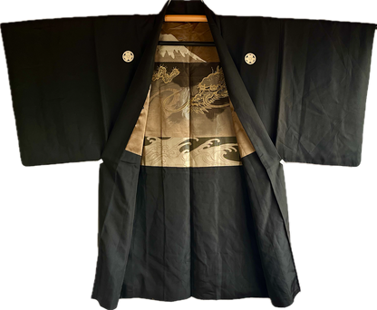 Haori japonais homme soie noire  Katabami Montsuki Fuji San & Dragon RYU