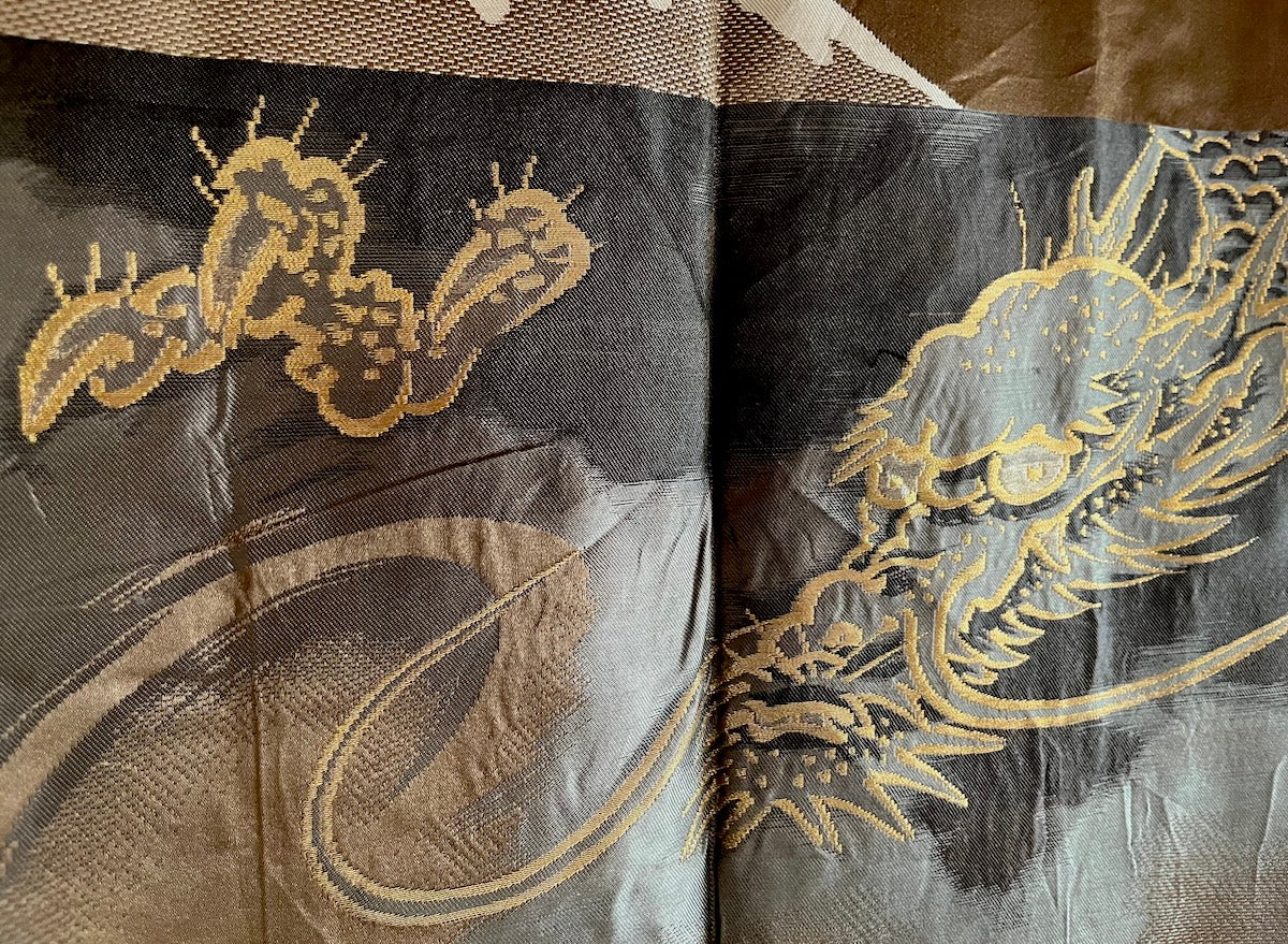 Haori japonais homme soie noire  Katabami Montsuki Fuji San & Dragon RYU