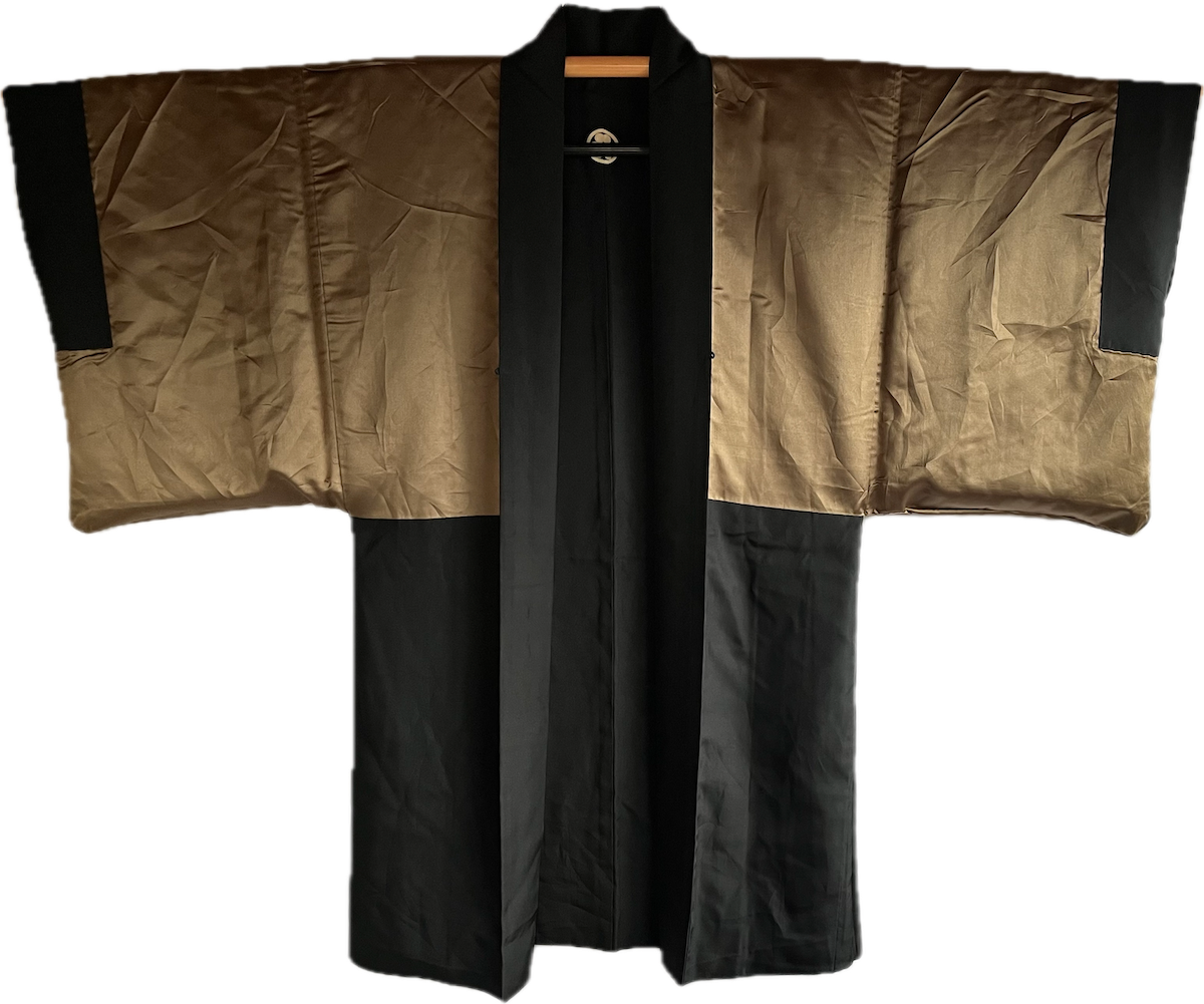Haori japonais homme soie noire  Katabami Montsuki Fuji San & Dragon RYU