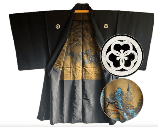 Haori japonais homme soie noire Katabami Montsuki Temple Horyuji Nara