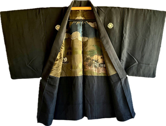 Haori japonais homme soie noire Mitsugi Montsuki Fuji San & Kayabuki