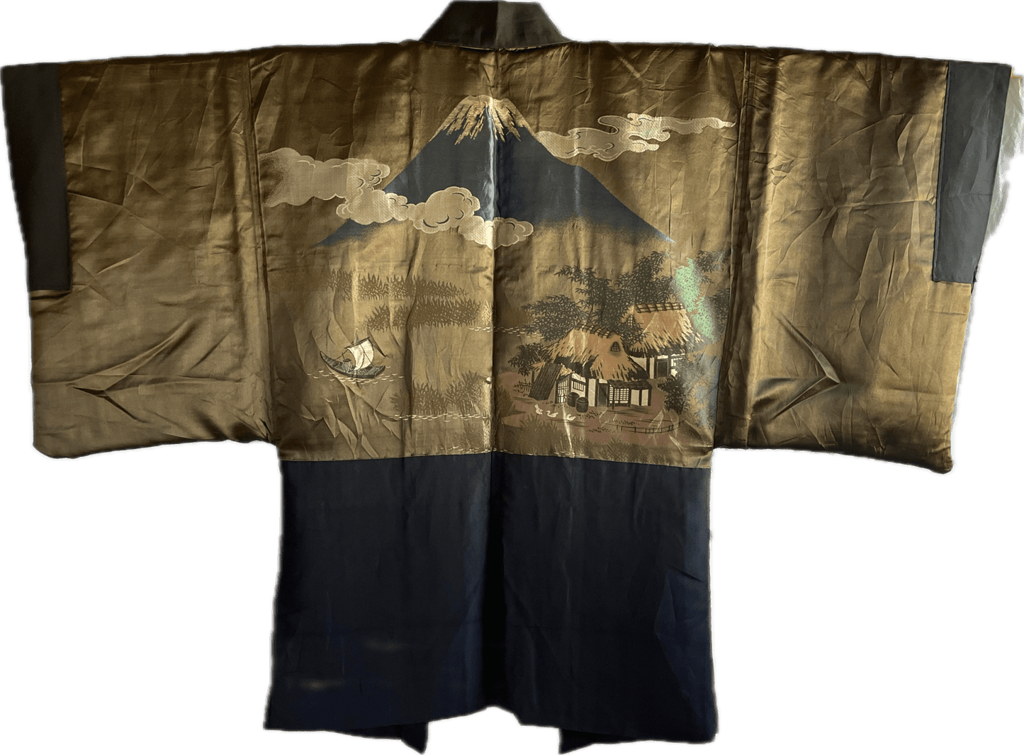 Haori japonais homme soie noire Mitsugi Montsuki Fuji San & Kayabuki