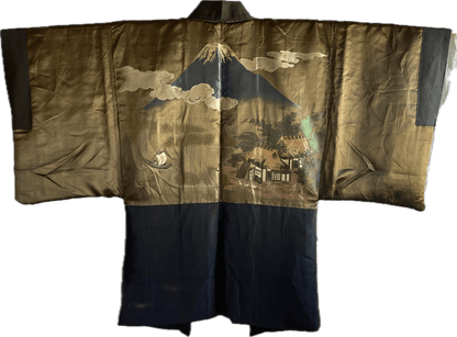 Haori japonais homme soie noire Mitsugi Montsuki Fuji San & Kayabuki